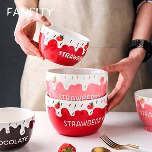 FANCITY Cute Strawberry Bowl Single Household Fruit Salad Bowl Cereal Bowl Net Red Ceramic Breakfast Bowl Eating Bowl