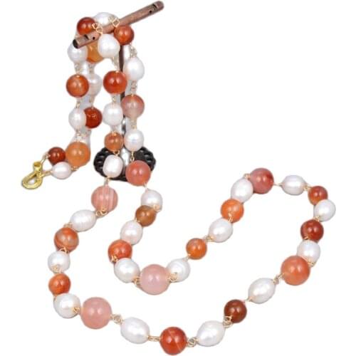 GG Jewelry Natural White Rice Pearl Red Agates Carnelian Sweater chain Long Necklace For Women