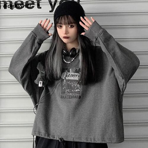No Hat Hoodies Women Pullover O-neck Chic Harajuku Print Loose Student Retro All-match Simple Oversize Adjustable Hem Ulzzang