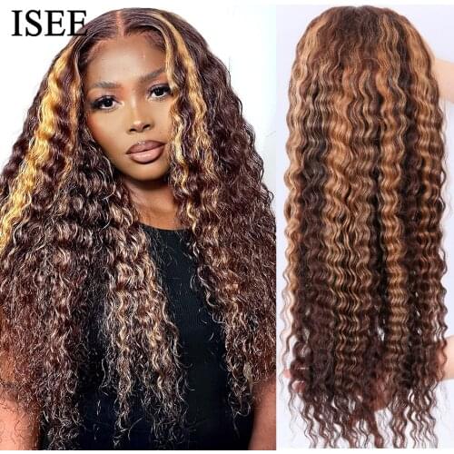 ISEE HAIR Highlight Deep Wave Lace Front Human Hair Wigs For Women 4X4 Lace Closure Wig 4/27 Ombre Peruvian Deep Wave Lace Wigs