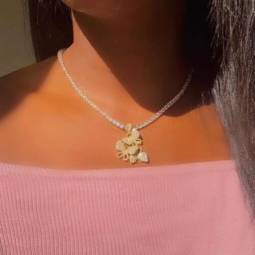 JJFOUCS womens Full Crystal Butterfly Pendant Necklace Rhinestone Tennis Chain Choker Necklaces Female Collares Fashion Jewelry