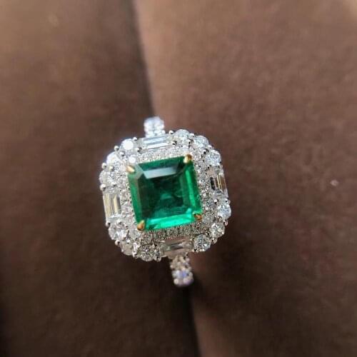 AEAW 1.17ct AAA Natural Colombian Emerald Emgagement Ring Real Solid 18k White Gold princess cut Moissanite for Women