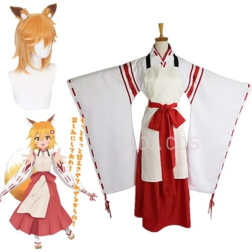 Senko-san Cosplay Costume The Helpful Fox Red White Miko Kimono with Beige Apron Sewayaki Kitsune No Senko-san Girls Wig Suits