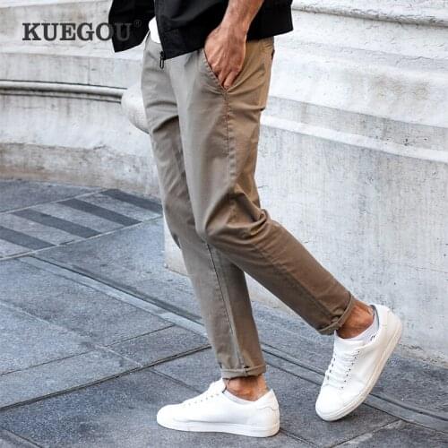 KUEGOU 2021 Autumn Cotton Khaki Casual Pants Men Long Classic Slim Trousers For Male Wear Fashion Work Straight Clothing 2997