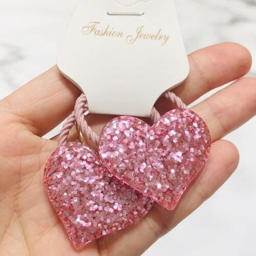2Pcs Shiny Heart-shaped Girls Elastic Hair Bands Ponytail Holder Hair Ties Headband Scrunchie Hair Accessories for Children