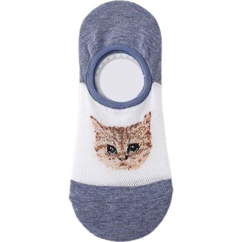 Female Girls Kawaii Cartoon Cat Jacquard Invisible Boat Socks Breathable Mesh Top Non-Slip Silicone Grip Thin Hosiery