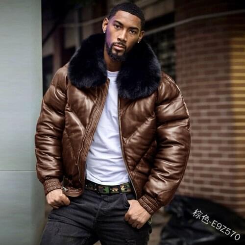 WEPBEL Motorcycle Straight Hem Coats Jacket Winter Men Parkas Zipper Casual Big Fur Collar Cuff Winter Loose Leather Jacket