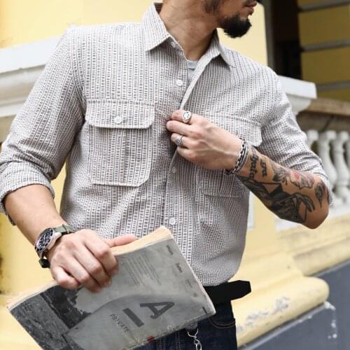 Saucezhan FIELD SHIRT Men Shirt Seersucker Fabric Shirts for Men Long Sleeve Shirt Striped Shirt Button Up Shirt Casual Shirts