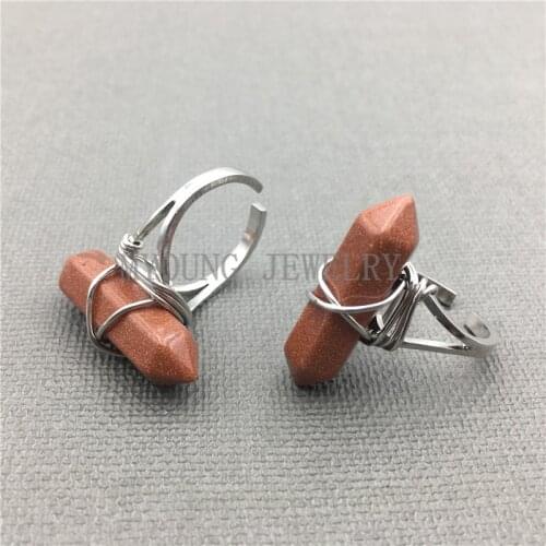 MY0524 Healing Stone Goldsand Point Silver Plated Wire Wrapped Ring for women