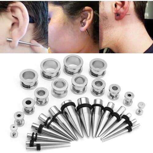 36PCS Punk Ear Plugs and Tunnels Earring Piercing Kit Stainless Steel Flesh Taper Expander Stretching Set Body 0 Gauge Jewelry
