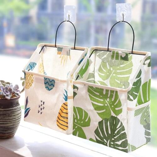 Leaf Cactus Print Wall Hanging Waterproof Storage Bag Book Holder Pouch Hanging Storage Bag Cotton Cloth
