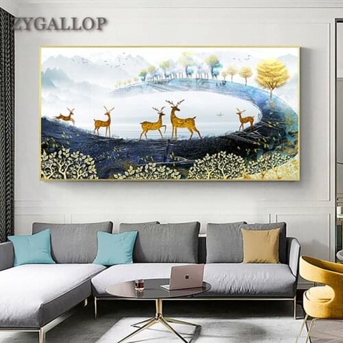 Canvas Print Golden Deer Wall Art Natural Landscape Posters and Prints Nordic- Living Room Decor Abstract Animal Wall Pictures