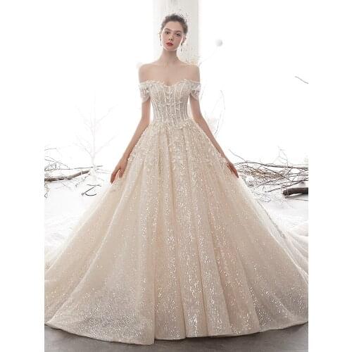 2021 New Luxury Champagne Wedding Dress Shining Sequins Custom Made Ball Gown Elegant Boat Neck With Sweep Train Robe De Mariee