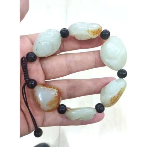 Original jadeite Bangle Carven Happy Buddha Bead He Tian Jade Bead Amulet bracelet churinga