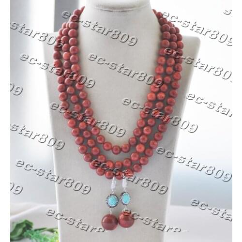 Z11287 3Row 20" 10mm Round Red Coral Bead Necklace Earring Turquoise Women Fashion Jewelry