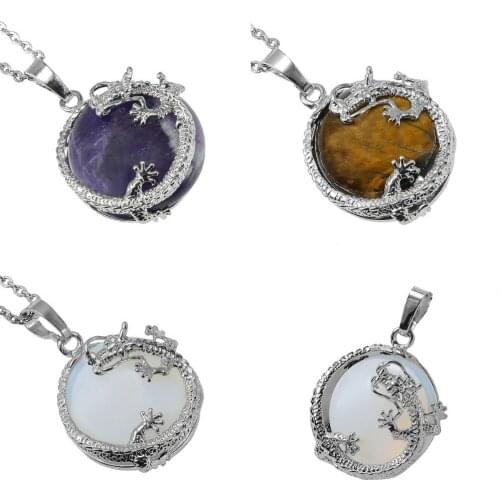 TUMBEELLUWA Healing Crystal Dragon Wrap Half Ball Bead Stone Pendant Fit Necklace
