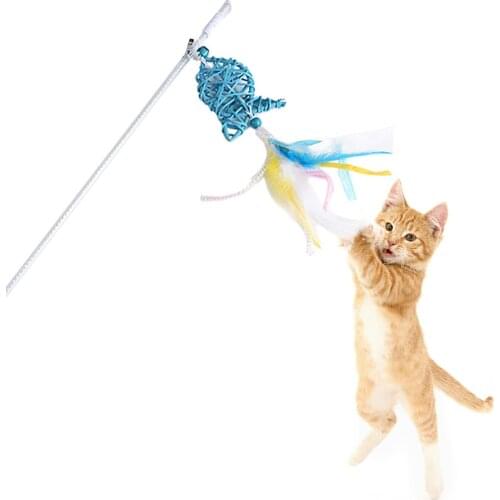 Cat Teaser Wand Rattan Fish Shape Cat Play Toy Kitten Toy Cat Teaser Turkey Feather Interactive Stick Toys for Cats