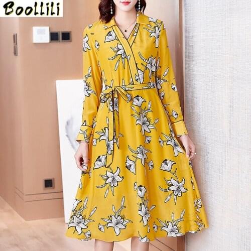 Boollili Real Silk Dress Women Spring Summer Dress Korean Fashion Print Midi Dress Elegant Vintage Party Dress Vestido Mujer
