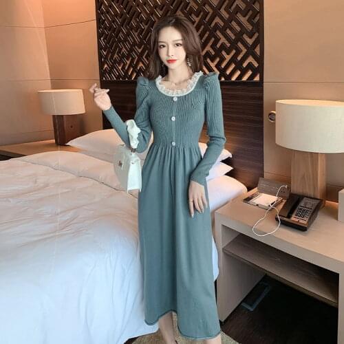 Elegant Korean Winter Office Vestidos Women Sexy Slim Knitted Dress Lace Up Long Sleeve Pencil Dress Female Long Sweater Dresses