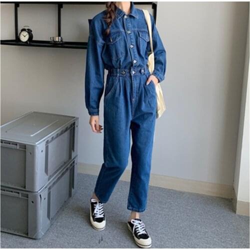 Drop Shipping 2020 New Arrival Women Fashion Single-Breasted Big Size Cowboy Rompers Students Blue High Waist Denim Jumpsuit 2XL