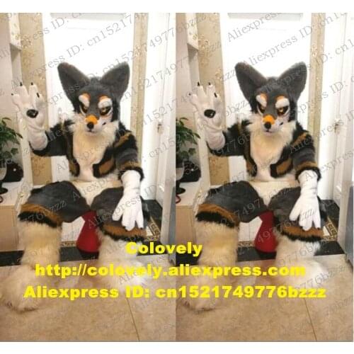 Grey Long Fur Furry Husky Dog Fox Wolf Fursuit Mascot Costume Adult Cartoon Character Suit Public Welfare Wore Beautiful zz7587