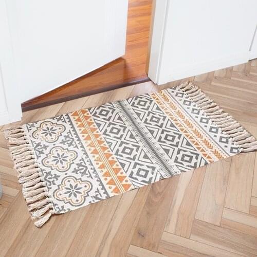 Nordic INS Boho Cotton Linen Tassel Rug Ethnic Wind Carpet Door Floor Rugs Foot Pad Door Bedroom Non-slip Mat Home Decorative
