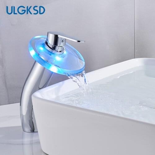 Ulgksd LED Basin Faucet Chrome Sink Faucet Bathroom Faucet Basin Mixer Tap Brass Modern Bathroom Hot Cold Water Mixer Taps Crane
