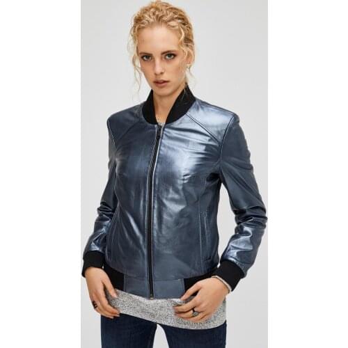 Spring Cool Fashion Silver Genuine Leather Jacket Female Bomber Biker Coat Stand Collar Lambskin Womens Jackets Streetwear 2021