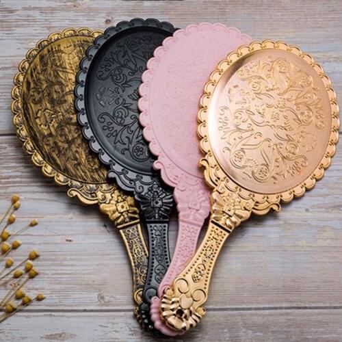 Womens Princess Vintage Handheld Mirror Metallic Plastic Shell Classical Oral Vanity Makeup Cosmetic Tool with Handle Travel