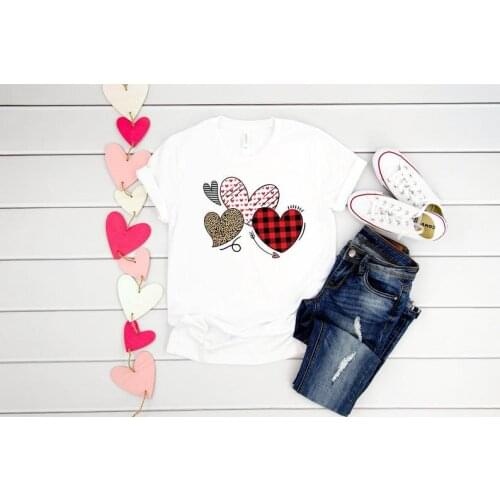 Love Valentines Day Hearts Buffalo Plaid Leopard Print Shirt Graphic Cotton Women Tshirts Korean O Neck Casual Short Sleeve Tees