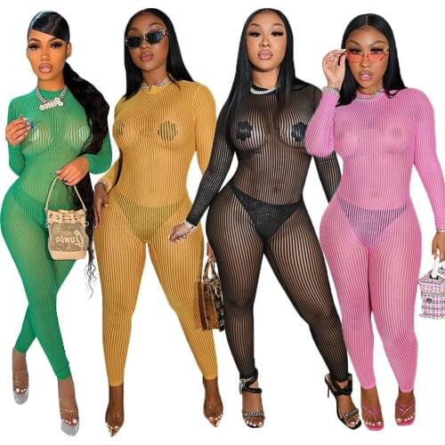 Women Mesh See-through Jumpsuits O-Neck Long Sleeve Solid Color Sheath Bodysuits Sexy High Street Autumn Women Clothes 4 Colors
