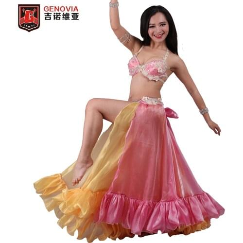 Women Belly Dance Flowers Costume Set 3 pcs Bra Belt Skirt New Arrival 2018 Performance Belly Dancing Clothes Oriental Dance Cos