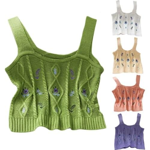 Korean Women Summer Sleeveless Knitted Tank Top Sweet Floral Embroidered Camis Vest Vintage Solid Color Sweater