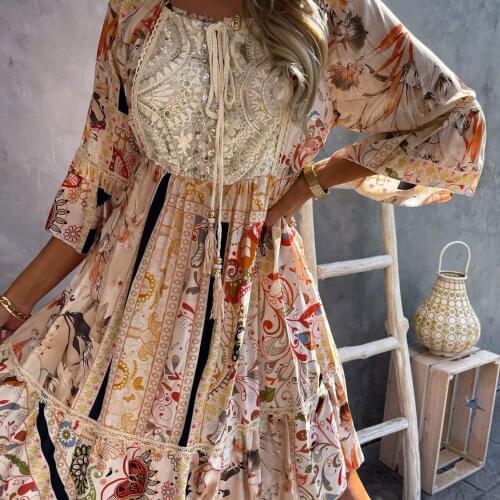 Summer Women Boho Dress Casual Shirt Dress Fashion Streetwear 2021 Elegant Ladies Clothing Vintage Print Lace Dresses Vestidos