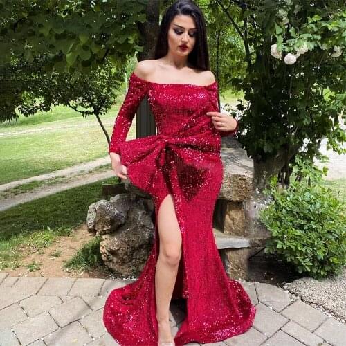 Fashion Burgundy Sequins Evening Dress Plus Size Off Shoulder High Split Mermaid Prom Dresses Bow Long Sleeve Party Gown Cheap