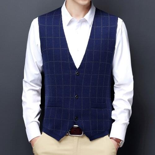 2021 Autumn New Mens Business Sweater V-neck Wool Vest Thicken Knitted Plaid Vest Casual Male Brand Clothes