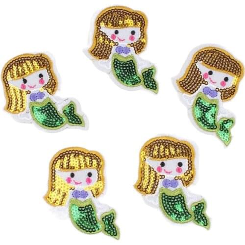 10pcs/lot Sequined Little Girl Fish Patch Cartoon Apparel Stickers Iron On Patches DIY Sewing Fabric Appliques Badge Cheap