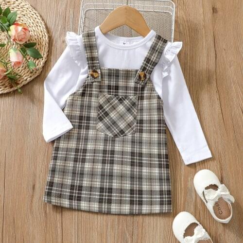 PatPat 2-piece Toddler Girl Ruffled Long-sleeve White Top and Button Design Plaid Overalls Dress Set