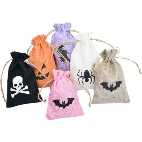 5Pcs Halloween Drawstring Burlap Jute Bags With Jewelry Packaging Spider Pumpkin Bat Baby Kids Candy Bag Storage Bags