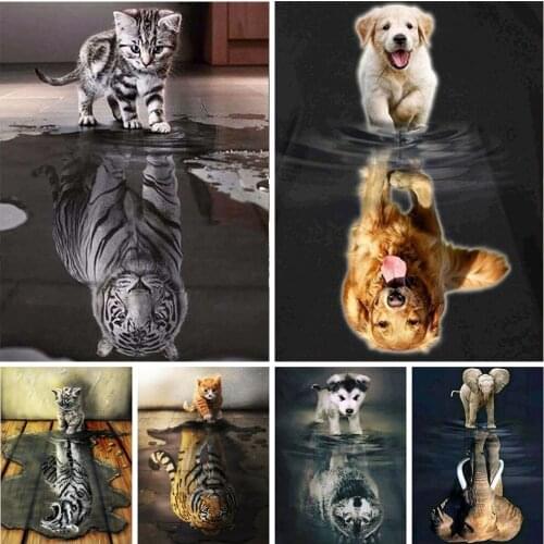 5D Diamond Painting Animals Reflection Full Drill Diamond Embroidery Cat Dog Tiger Pictures Of Rhinestones Mosaic Home Decorati