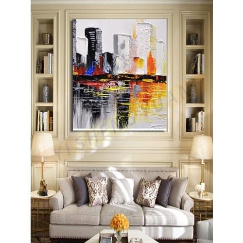 Abstract Large City Building Handmade Knife Oil Painting Thick Landscape Paintings Canvas Wall Art Modern Home Wall Decoration