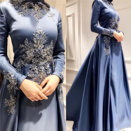 Satin Flowers Beaded Long Sleeve Muslim Prom Dress 2021 A Line Evening Formal Party Gowns robes de soirée