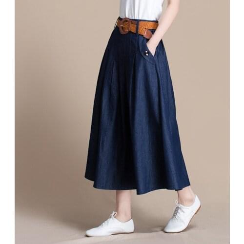 Free Shipping 2019 New Fashion Long Maxi A-line Skirts For Women Elastic Waist Summer Cotton Denim Skirts With Belt Spring