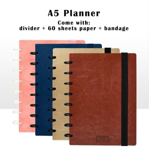 Free shipping New 2021 t puncher notebook disc Mushroom hole planner A5 diary stationery PU leather gold pink blue