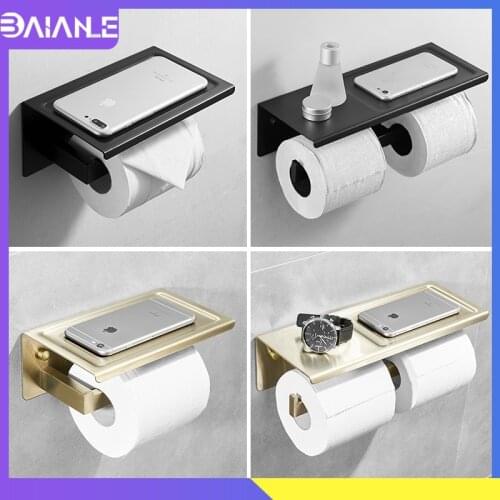 Toilet Paper Holder with Shelf Creative Bathroom Paper Towel Holder Stainless Steel Black Double Roll Paper Holder Wall Mounted