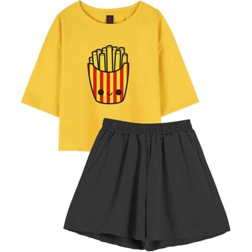 Loungewear Women Cute French Fries Print Pijamas Women Cotton Short Sleeve Shirt Two Piece Set Summer Fashion Tops Shorts Sets
