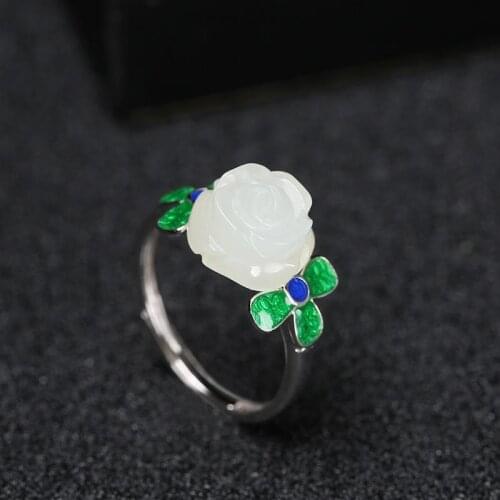 Natural Hetian Jade Rose Ring Opening White Jade 925 Sterling Silver for Girlfriend Gifts for Moms Ornament