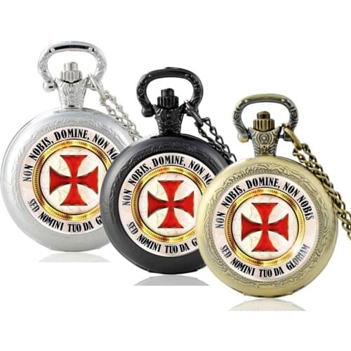 Classic Retro Knight Templar Cross Glass Cabochon Quartz Pocket Watch Vintage Men Women Pendant Necklace Chain Hours Clock