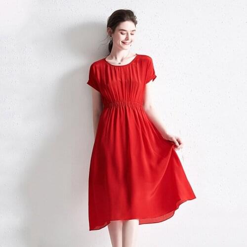 Red Green Elastic Waist Silk Crepe Dresses Women 2021 Summer Long Casual Sexy Office Work Daily Dress Plus Size Slim Fit A Line