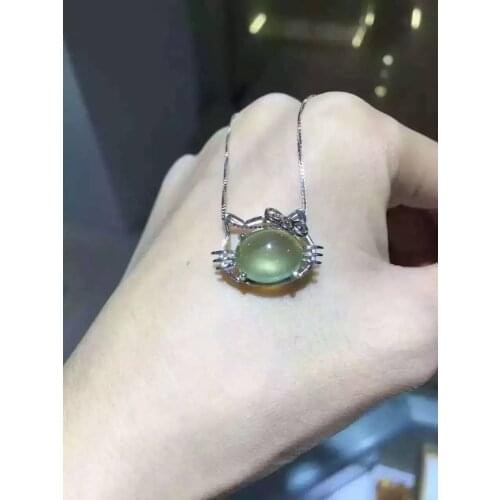 Natural prehnite stone pendant 925 Sterling silver Natural gemstone Pendant Necklace trendy lovely Cat women girl jewelry